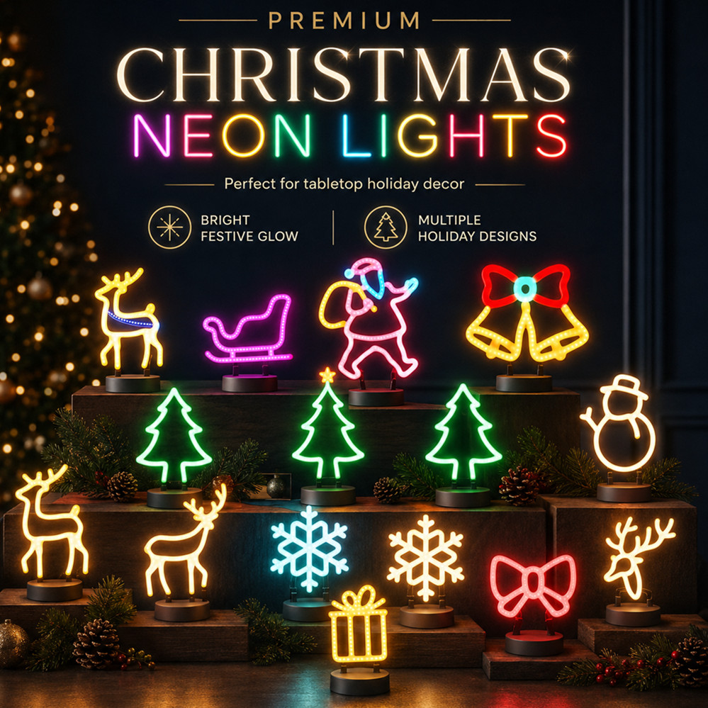 Lighting Christmas Decor - ไฟประดับคริสต์มาส LED ป้ายไฟนีออนรูปหัวกวาง โคมไฟ LED หมวกคริสต์มาส