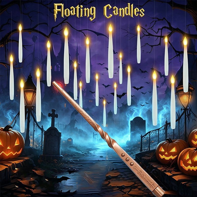 Lighting Decoration Ideas - เทียนลอยน้ำวิเศษพร้อมไม้กายสิทธิ์, เทียนแขวน LED ไร้เปลวไฟ, แสงสีขาวอบอุ่นที่กระพริบ, ใช้พลังงานจากแบตเตอรี่สำหรับตกแต่งฮาโลวีน